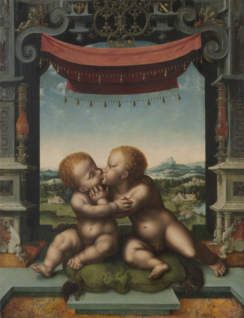 Het kind Jezus en Johannes de Doper die elkaar omarmen - Joos van Cleve