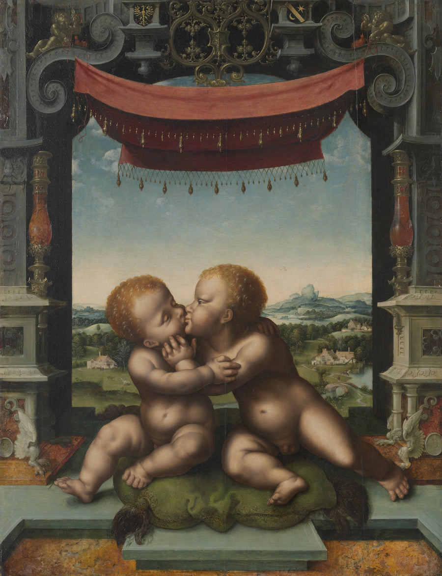 Het kind Jezus en Johannes de Doper die elkaar omarmen - Joos van Cleve