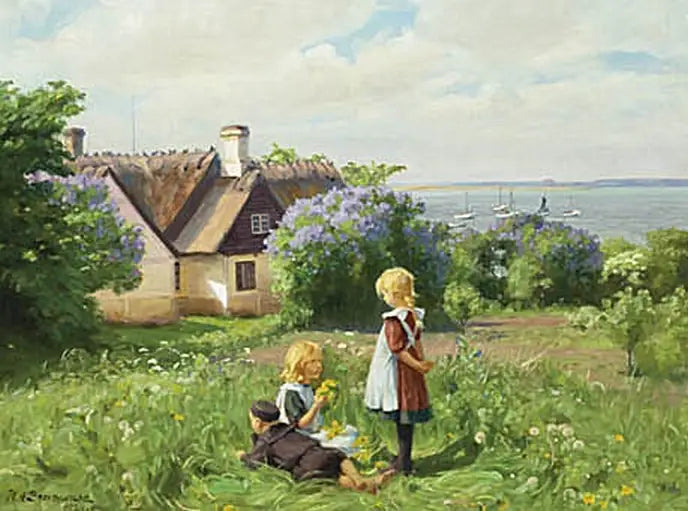 De zomer bij de fjord van Roskilde, de kinderen maken bloemkransen. - H. A. Brendekilde

Source:
L'été au fjord de Roskilde, les enfants fabriquent des couronnes de fleurs. - H. A. Brendekilde