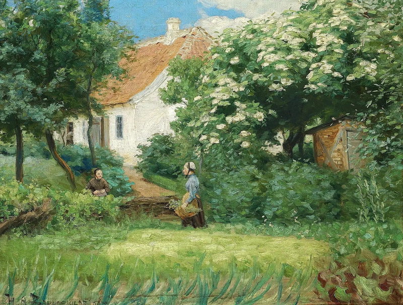 De zomer in de tuin. Twee vrouwen praten naast een bloeiende kastanjeboom. - H. A. Brendekilde

Source:
L'été au jardin. Deux femmes discutent près d'un châtaignier en fleurs. - H. A. Brendekilde