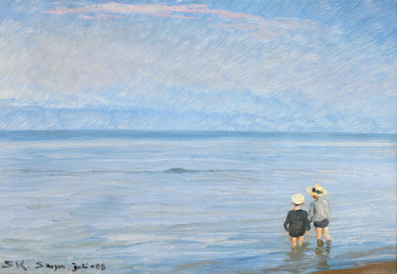 De blauwe uurtje. Twee kinderen die peddelen op het strand van Skagen. - Peder Severin Krøyer