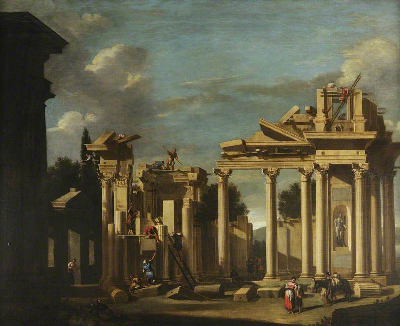 De bouw van een klassieke tempel in een landschap - Sebastiano Ricci