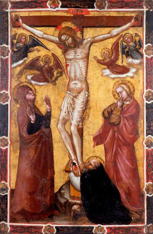 De Kruisiging met de Maagd en Sint-Jan; Sint-Antonius de Abt aan de voet van het kruis (één zijde van een processieband) (voorheen toegeschreven aan Barnaba da Modena) - Spinello Aretino