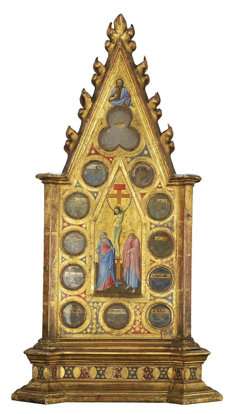 De Kruisiging met de Maagd en Sint-Jozef, met Sint-Jan-Baptist (bovenaan); een franciscaanse heilige in gebed voor een visioen van Christus en de heiligen, met een heilige (bovenaan) (voor- en achterkant) - Meester van de Osservanza