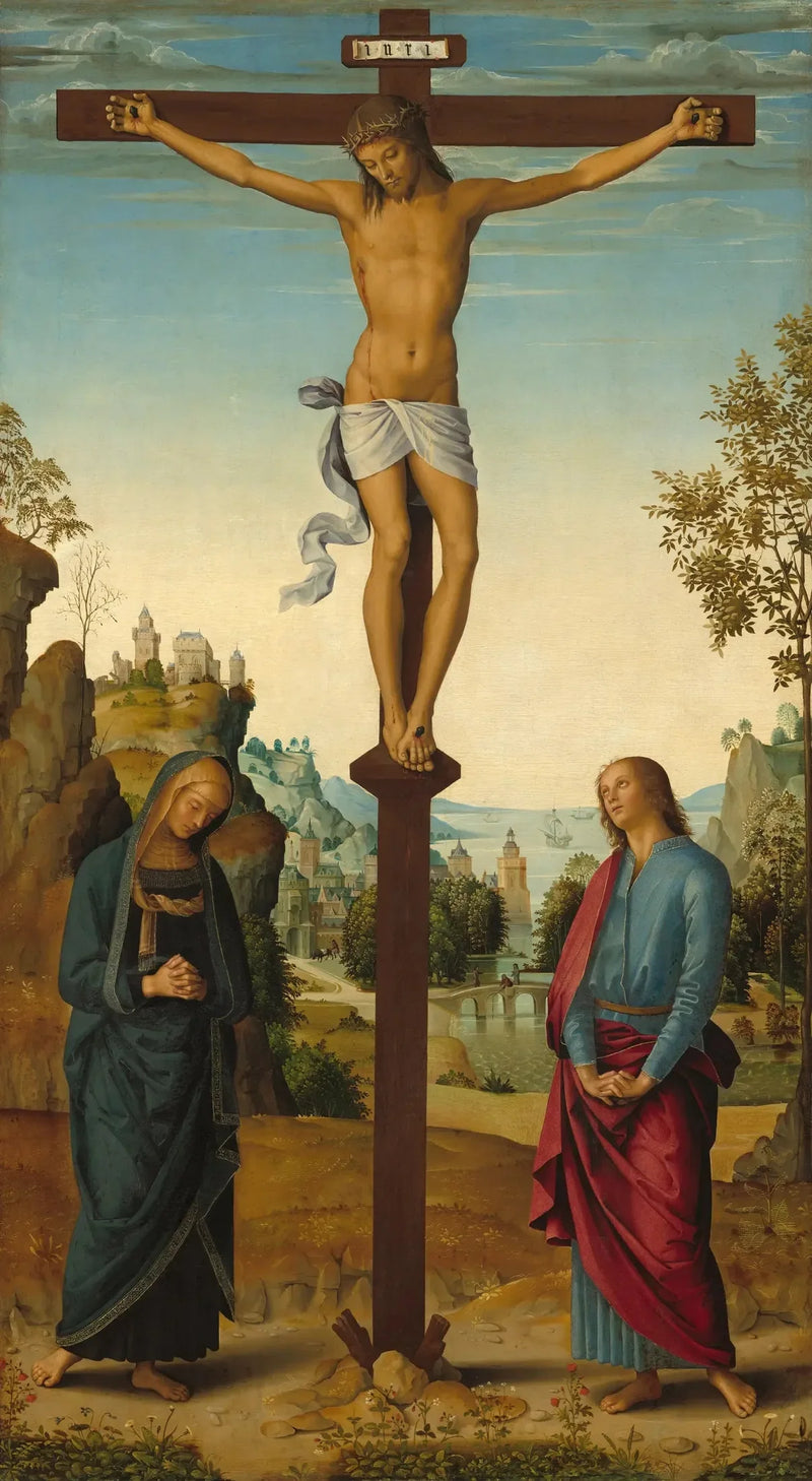 De Kruisiging met de Maagd, Sint Jan, Sint Jérôme en Sint Maria Magdalena [middenpaneel] - Pietro Perugino
