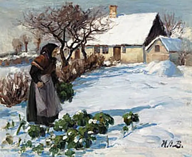 De vrouw van een boer die in de winter kool in de tuin oogst. - H. A. Brendekilde

Source:
La femme d'un fermier récoltant du chou dans le jardin en hiver. - H. A. Brendekilde