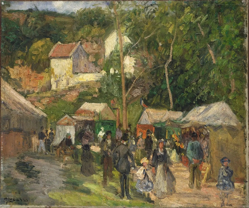 Het Dorpsfeest in L'Hermitage, de marktkramen in de open lucht - Camille Pissarro