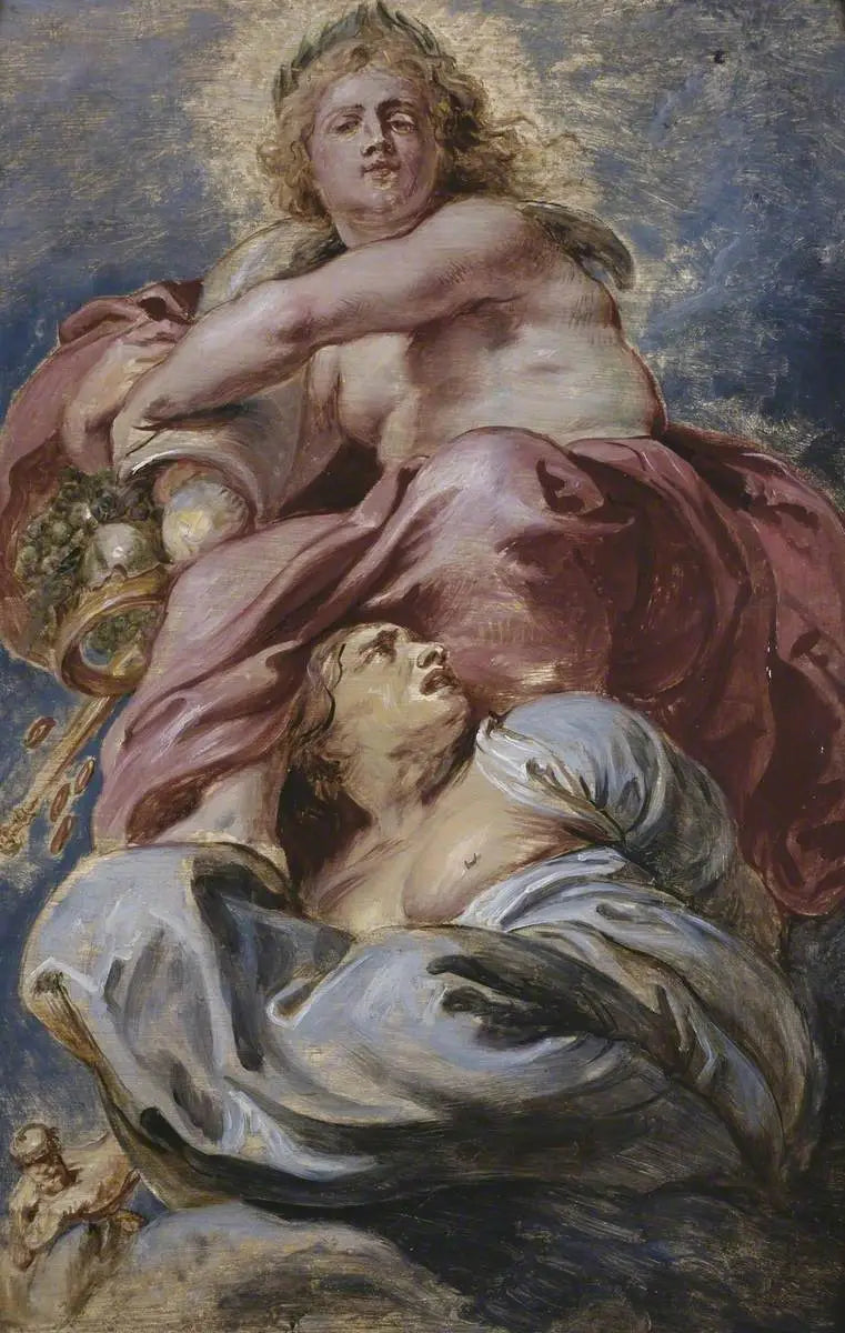 De vrijgevigheid van Jacobus I die de hebzucht overwint - Peter Paul Rubens