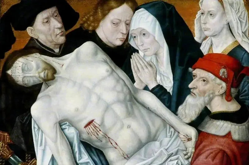 De Lamentatie, de gestorven Christus ondersteund door Johannes de Doper, Jozef van Arimathea en Nicodemus met de Maagd Maria en Maria Magdalena - Hugo van der Goes