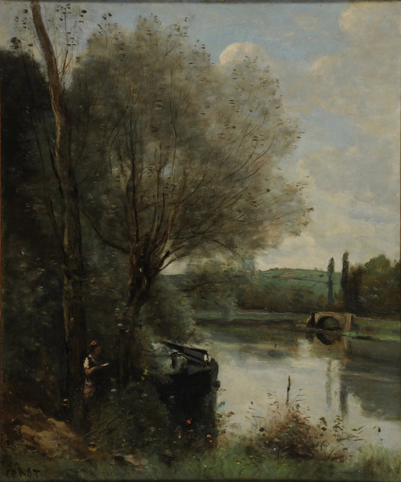 De Leesster aan de beboste oever - Jean-Baptiste Camille Corot