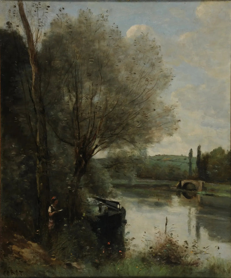 De Leesster aan de beboste oever - Jean-Baptiste Camille Corot