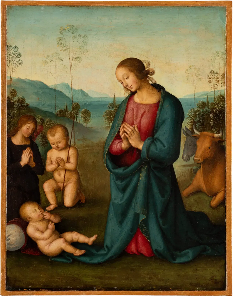 De Maagd, het Kind Sint Jan en een engel die het Kind Jezus aanbidden - Pietro Perugino