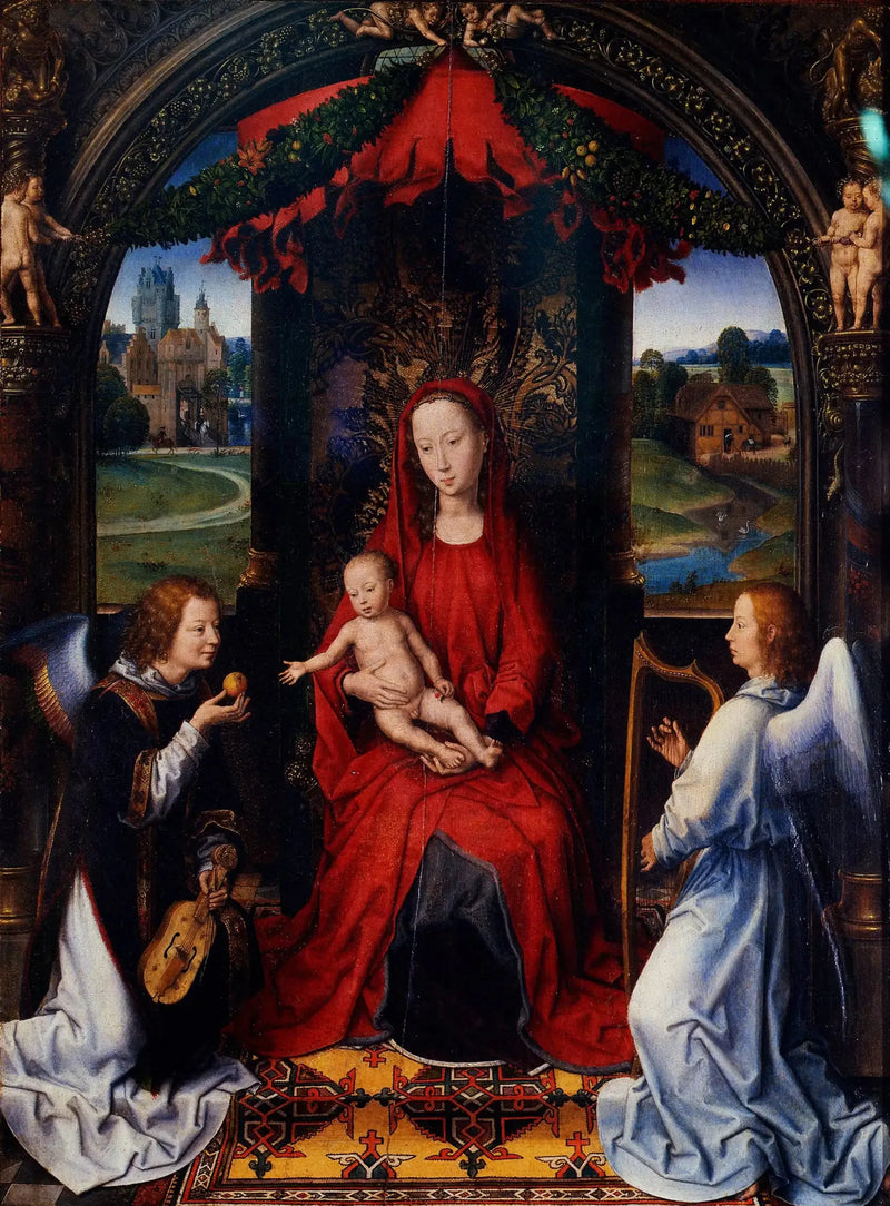 De Madonna die met het kind en twee muzikale engelen troont - Hans Memling