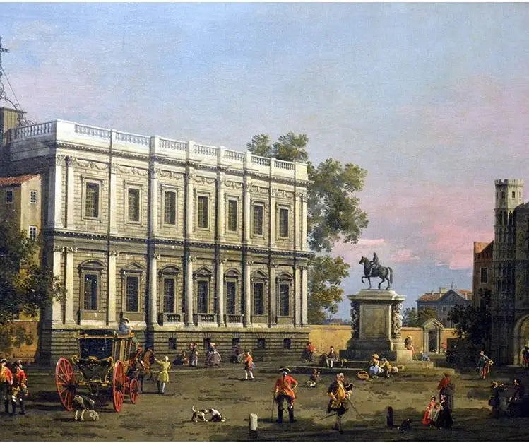 Het Huis van de Banketten en de Holbeinpui, Whitehall, met het ruiterstandbeeld van koning Karel I - Canaletto

Source:
La Maison des Banquets et la Porte Holbein, Whitehall, avec la statue équestre du roi Charles Ier - Canaletto