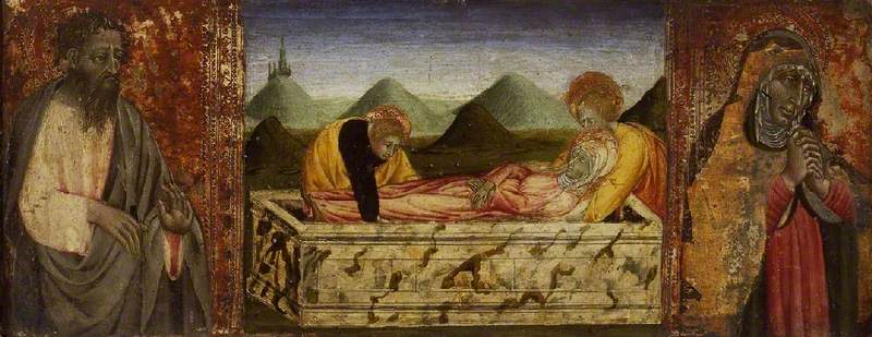 De begrafenis van de Maagd met Sint-Bartholomeus (links) en een heilige (rechts) - Giovanni di Paolo