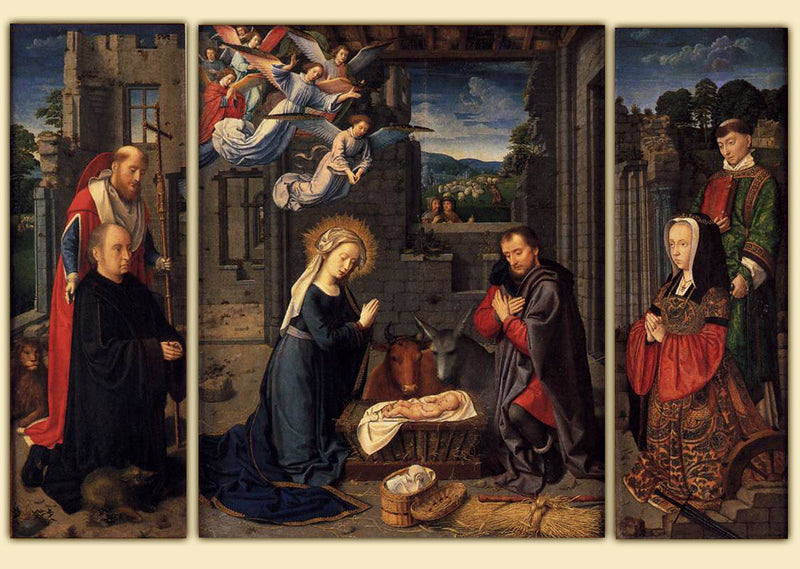 De Geboorte met de donateurs en de heiligen Hiëronymus en Leonard - Gérard David