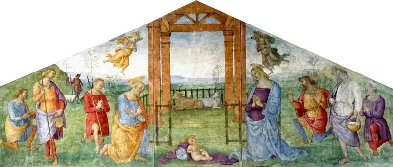 De Geboorte: De Maagd, Sint-Jozef en de herders die het Kind Jezus aanbidden - Pietro Perugino