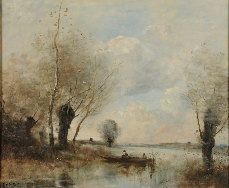 De visserij met bootje bij de wilgen - Jean-Baptiste Camille Corot