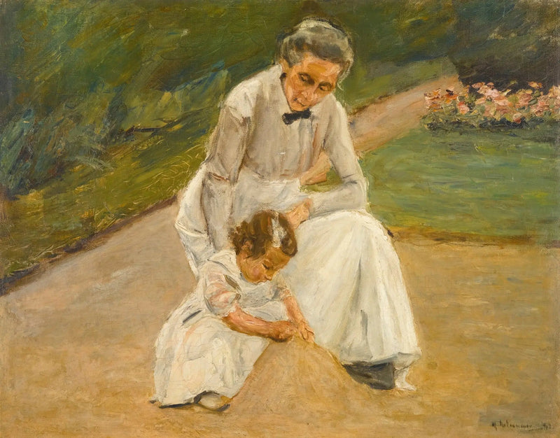 De kleindochter van de kunstenaar en haar verpleegster die in de tuin spelen - Max Liebermann