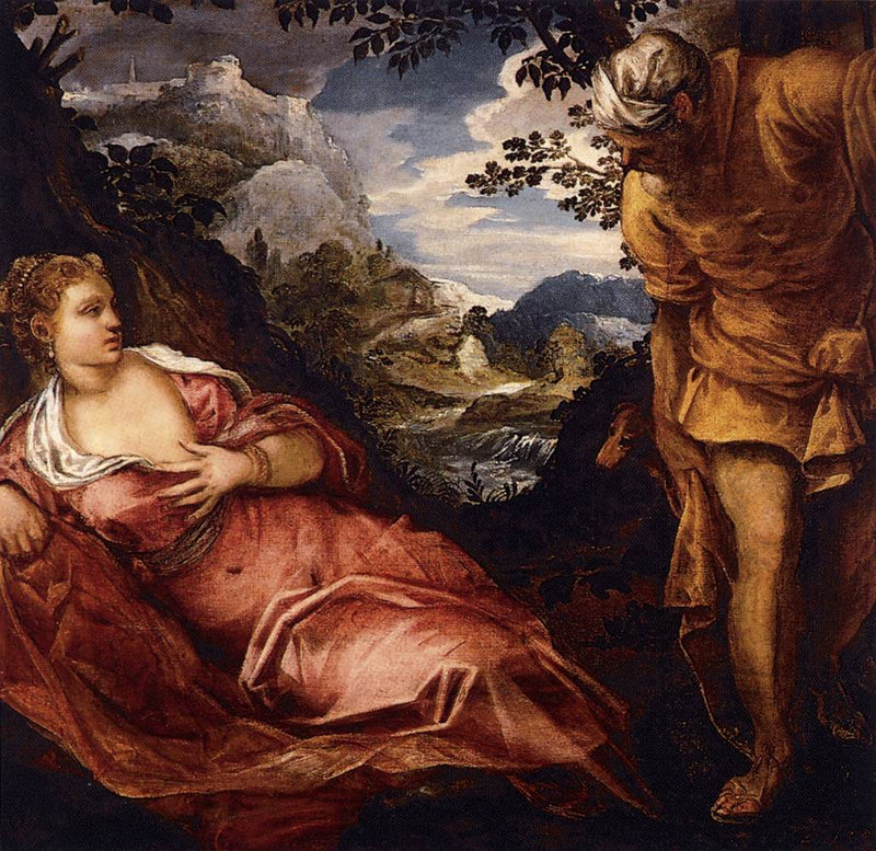 De ontmoeting van Tamar en Juda - Jacopo Tintoretto