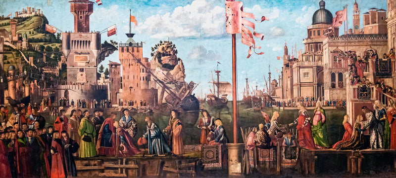 De ontmoeting van de verloofden en het vertrek van de pelgrims - Vittore Carpaccio
