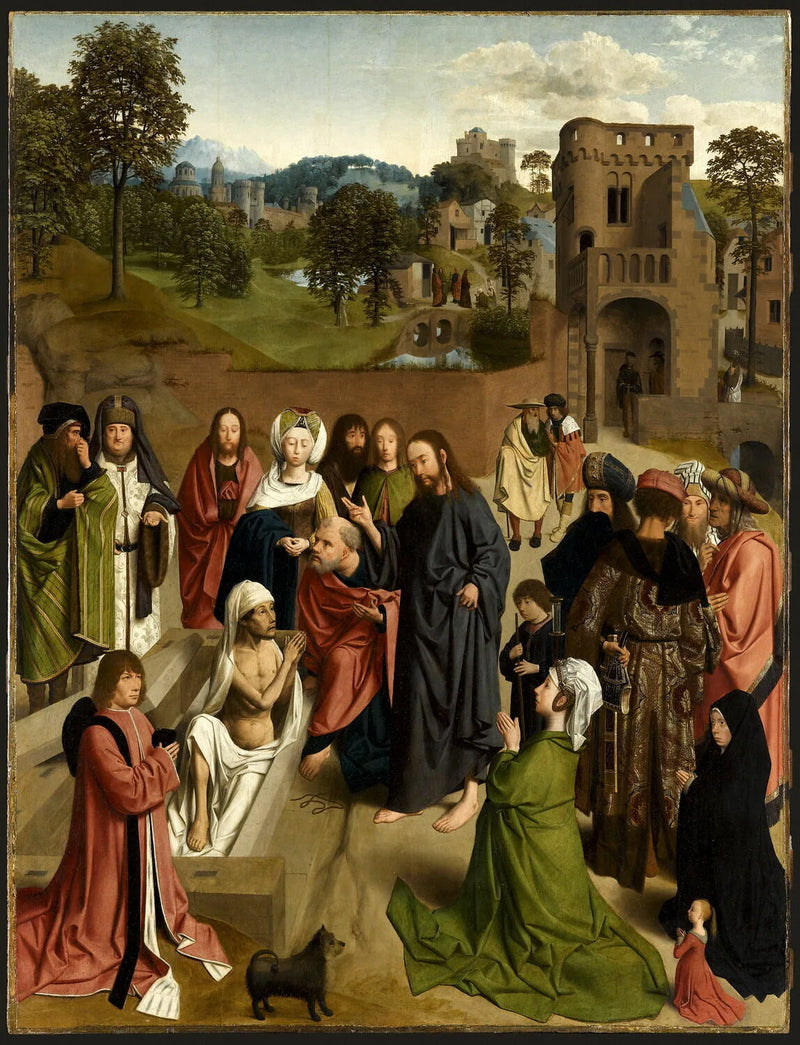 De Opstanding van Lazarus, met een echtpaar van donateurs en hun dochter - Geertgen tot Sint Jans