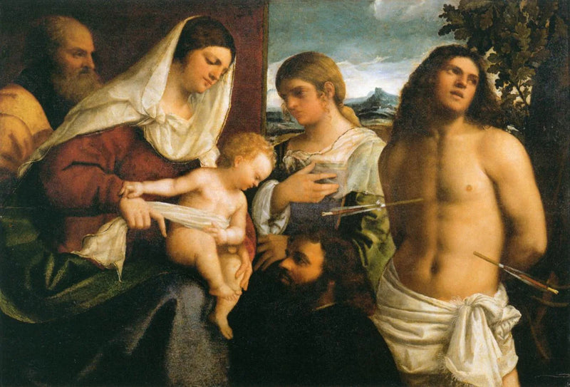 De Heilige Familie met heilige Catharina, Sint Sebastiaan en een schenker - Sebastiano del Piombo