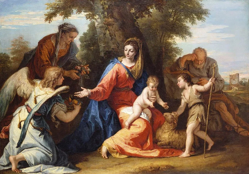 De Heilige Familie met heilige Elisabeth, Johannes de Doper en een engel - Sebastiano Ricci