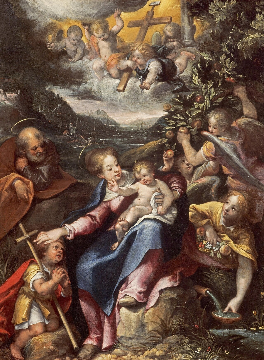 De Heilige Familie met het kleine Sint-Jan de Doper in een landschap - Denis Calvaert