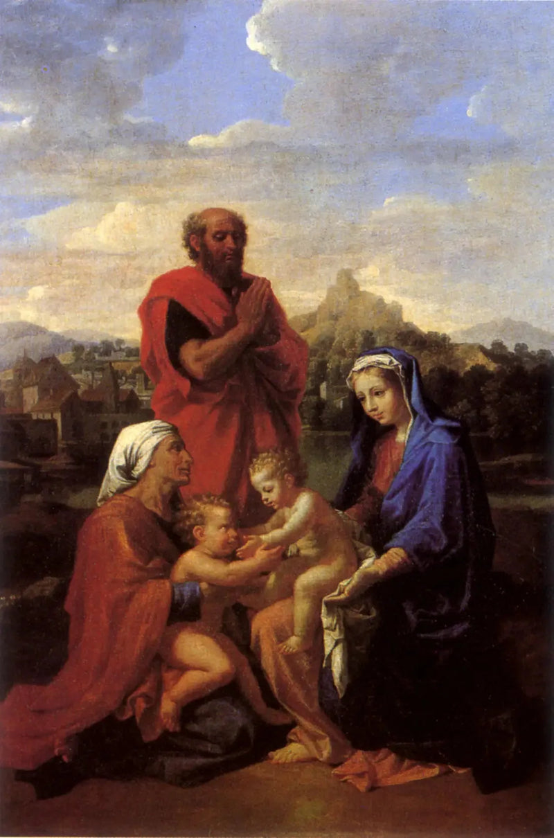 De Heilige Familie met Sint Jan, Sint Elisabeth en Sint Jozef biddend - Nicolas Poussin