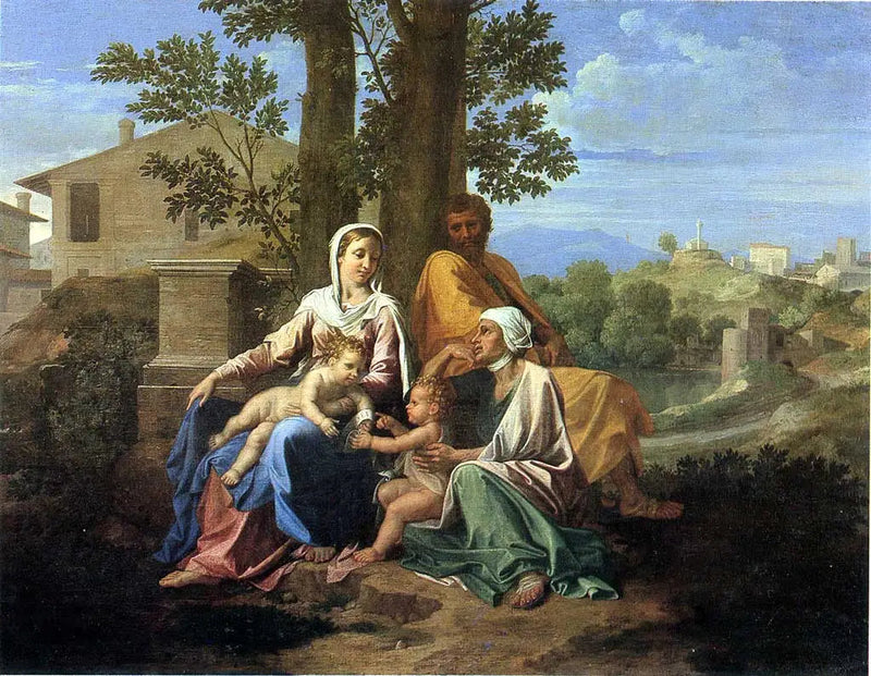 De Heilige Familie met Sint Jan en Sint Elisabeth in een landschap - Nicolas Poussin