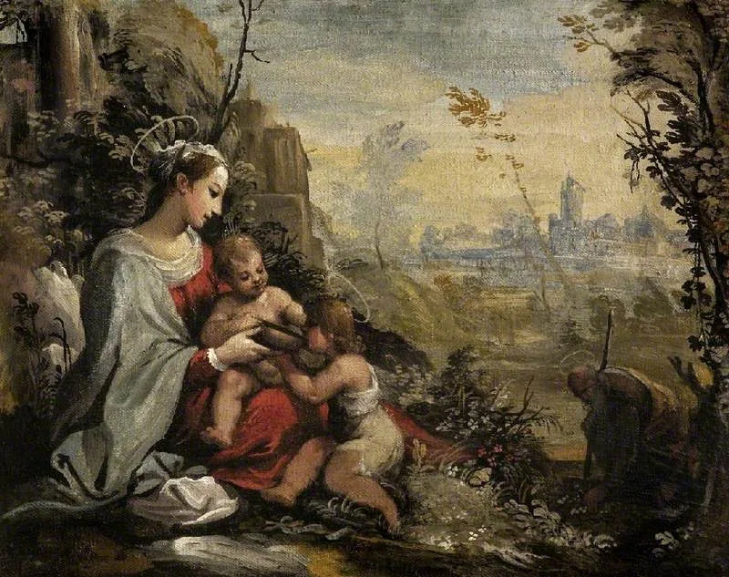 De Heilige Familie op de vlucht ontmoet de jonge Sint-Jan - Guercino