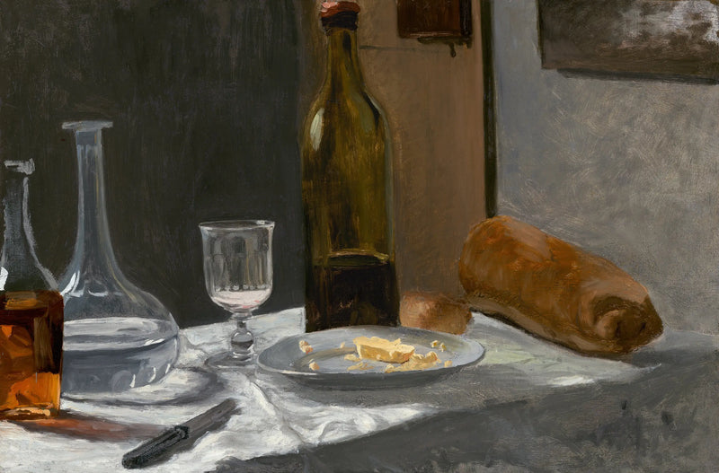 Stilleven met fles, karaf, brood en wijn - Claude Monet