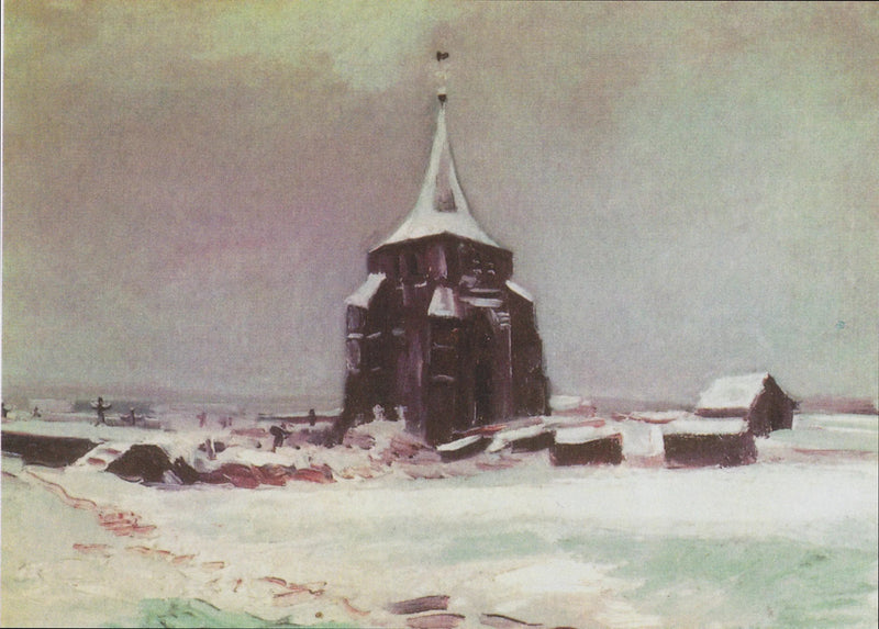 De oude toren van de begraafplaats van Nuenen onder de sneeuw - Vincent van Gogh