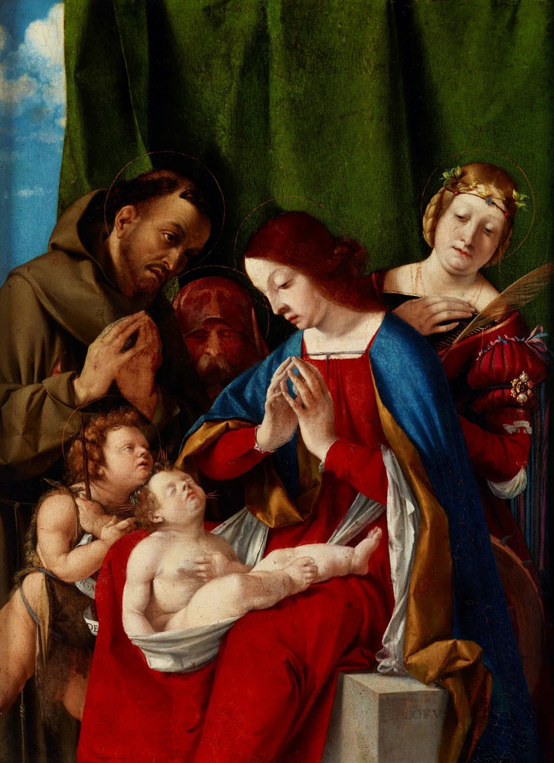 De Maagd met Kind met de heiligen Johannes de Doper, Franciscus van Assisi, Jozef (?) en Catharina van Alexandrië - Lorenzo Lotto