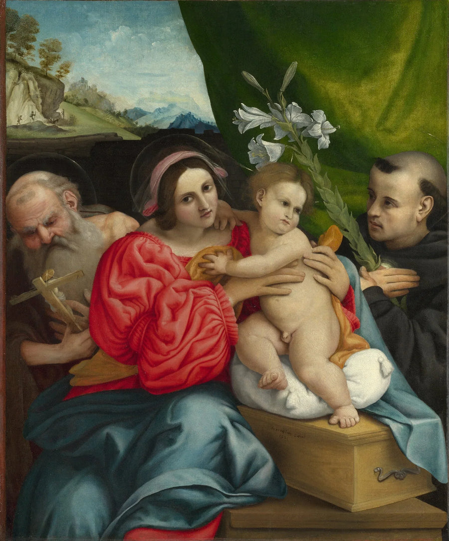 De Maagd met Kind met de heiligen Hiëronymus en Nicolaas van Tolentino - Lorenzo Lotto