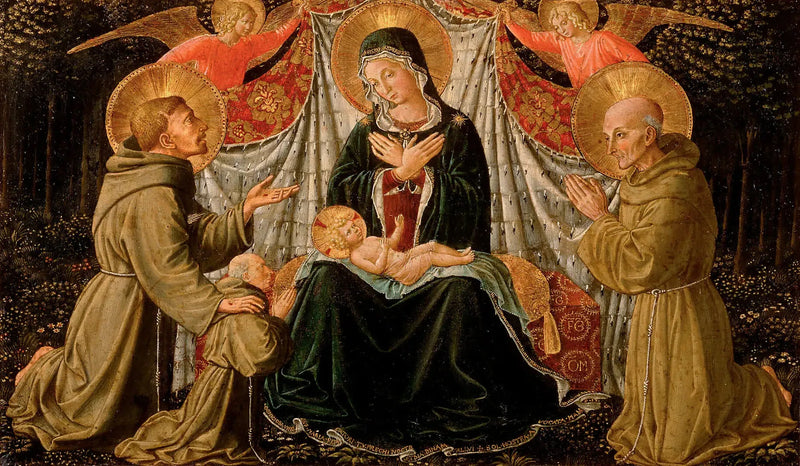 De Maagd met Kind met Sint Franciscus en de donateur Vader Jacopo da Montefalco (links) en Sint Bernard van Siena (rechts) - Benozzo Gozzoli