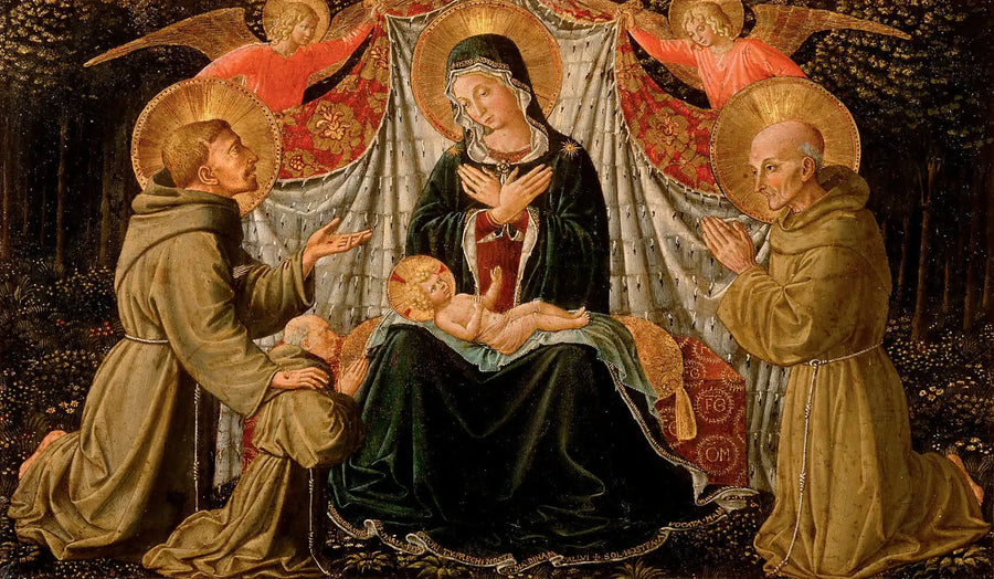 De Maagd met Kind met Sint Franciscus en de donateur Vader Jacopo da Montefalco (links) en Sint Bernard van Siena (rechts) - Benozzo Gozzoli