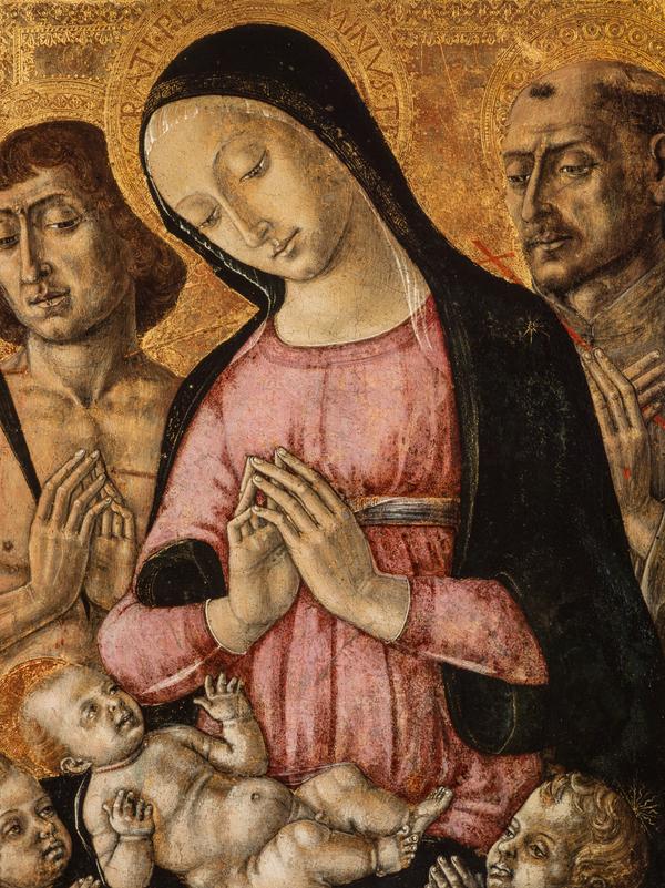 De Maagd met Kind, met Sint Sebastiaan, Sint Franciscus en engelen - Matteo di Giovanni