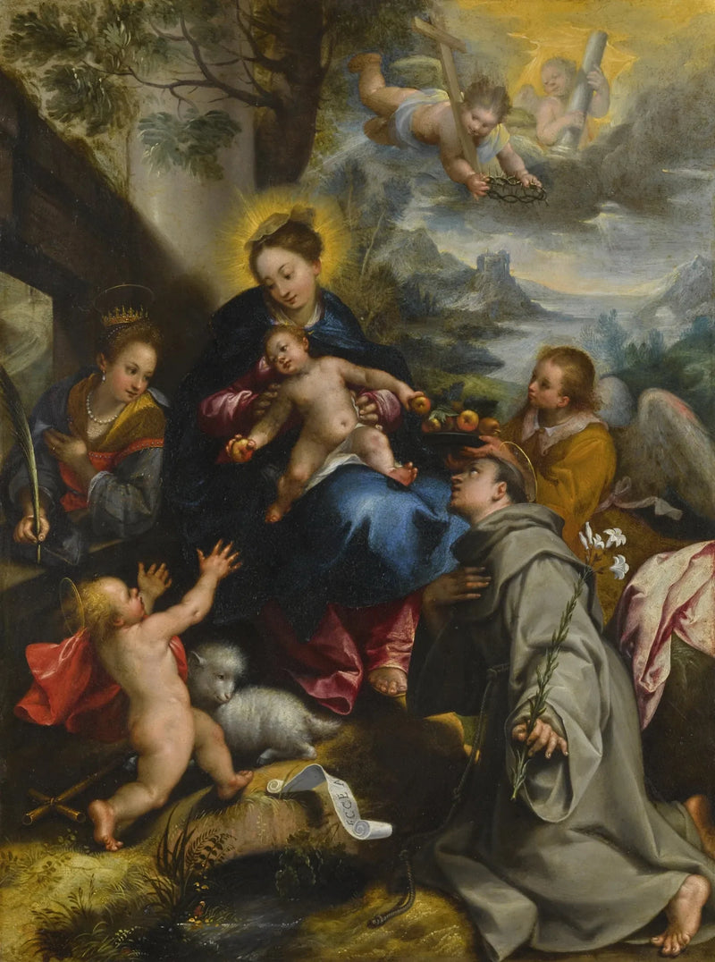 De Maagd met Kind, met Sint Catharina, Sint Dominicus en de kleine Sint Johannes de Doper, een landschap daarachter - Denis Calvaert
