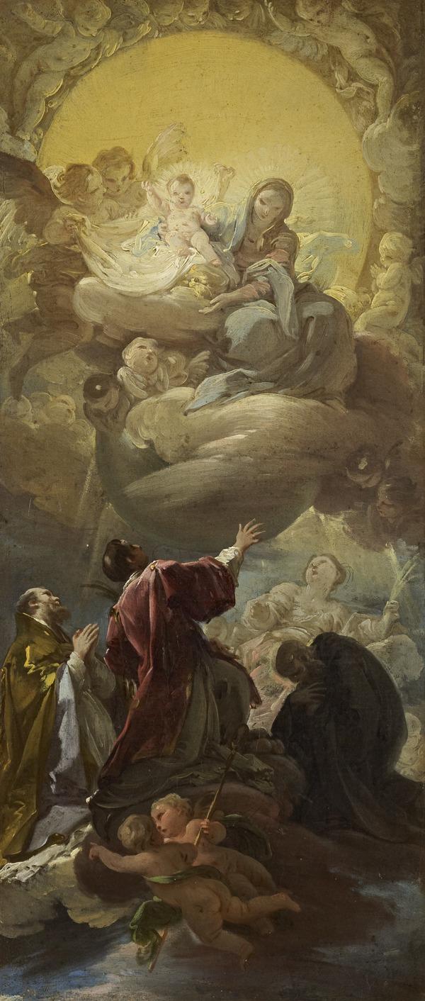 De Maagd met Kind in glorie die verschijnt aan Sint-Etienne en drie andere heiligen - Corrado Giaquinto