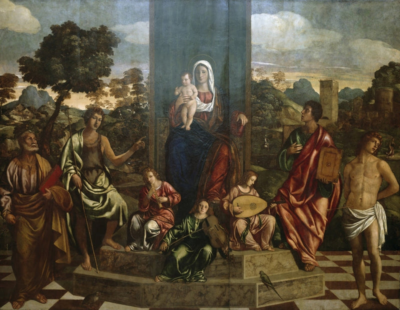 De Maagd met Kind in majesteit met de heiligen Petrus, Johannes de Doper, Johannes de Evangelist, Sebastiaan en drie muzikale engelen - Giovanni Bellini