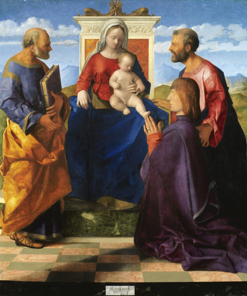 De Maagd met Kind op Troon met heiligen en een schenker - Giovanni Bellini