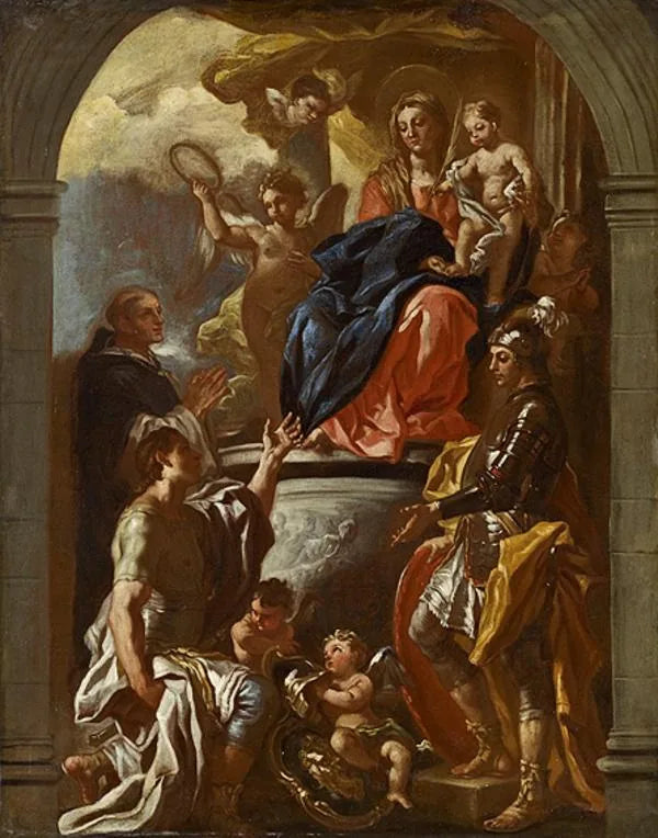 De Maagd met Kind op troon met Sint-Pieter de Martelaar en twee heilige krijgers - Francesco Solimena