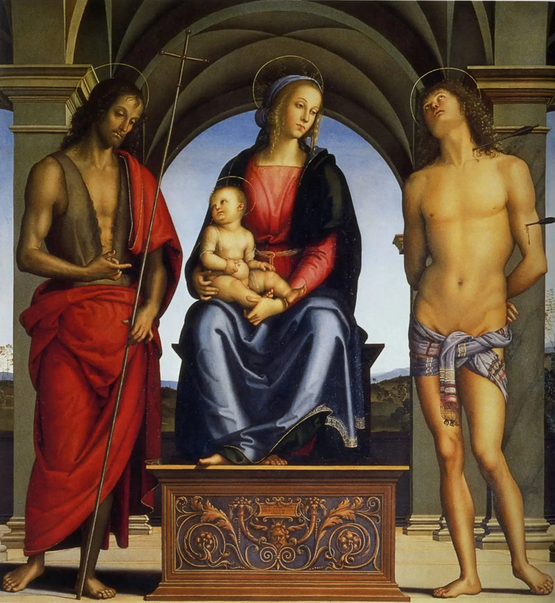 De Maagd met Kind tussen de heiligen Johannes de Doper en Sebastiaan - Pietro Perugino