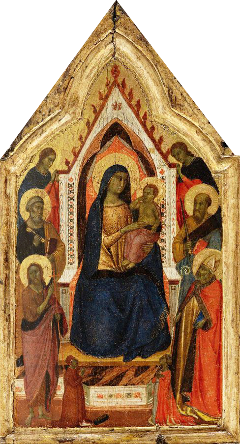De Troon van de Maagd met Kind, geflankeerd door de heiligen Johannes de Doper, Petrus, Paulus en Zénobe (?) en twee engelen, daaronder twee donateurs - Taddeo Gaddi