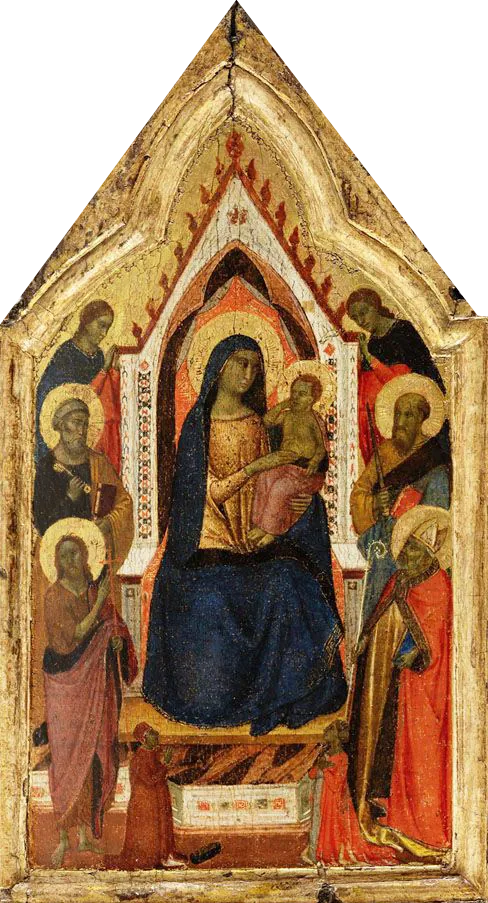 De Troon van de Maagd met Kind, geflankeerd door de heiligen Johannes de Doper, Petrus, Paulus en Zénobe (?) en twee engelen, daaronder twee donateurs - Taddeo Gaddi