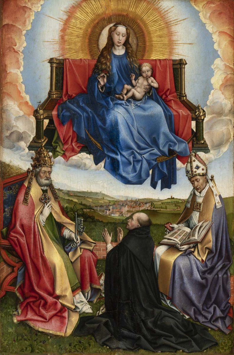 De Maagd in glorie tussen Sint-Pieter en Sint-Augustinus, vereerd door een schenker - Robert Campin