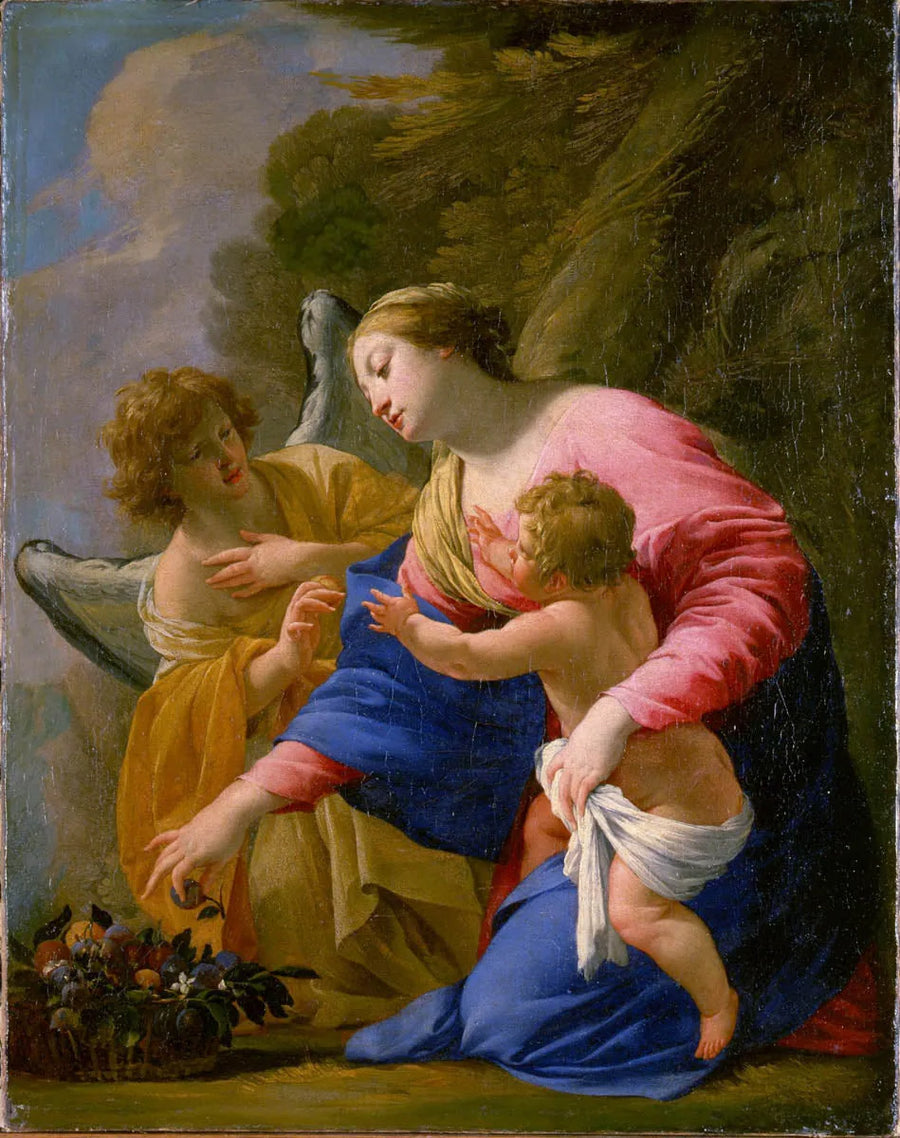 De Maagd en het kind met een mand fruit en een engel in een landschap - Simon Vouet