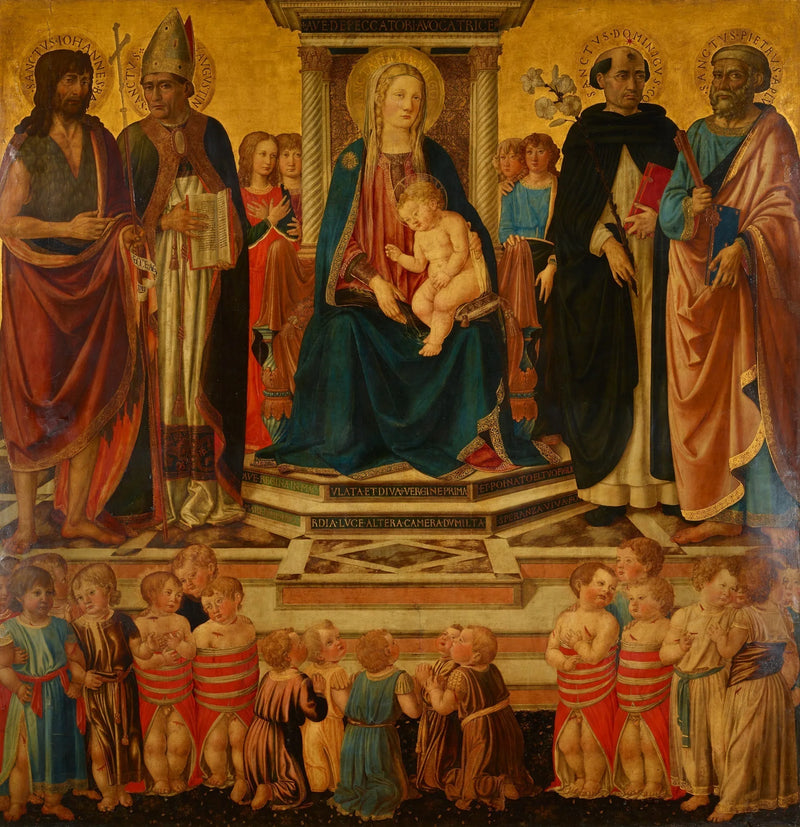 De Maagd en het Kind zegenend zittend op een troon met de heiligen Johannes, Augustinus, Dominicus, Petrus en de slachtoffers van het kindermassacre van Beth Semitisch - Cosimo Rosselli